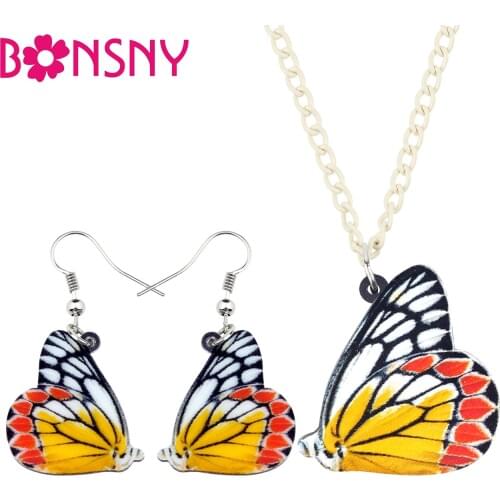 Bonsny Acrylic Yellow Spotted Butterfly Jewelry Sets Drop Earrings Necklace Pendant Fashion Insect Gift For Women Girl Wholesale