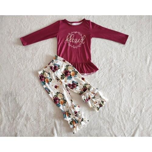 New arrival fall children clothing set girl wine red top and ruffle pants set girl letter printed design outfit with flowers