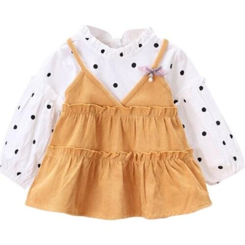 Girls Dress Spring Autumn Children Toddler Baby Casual Clothes Fake Two-piece Long Sleeve O-Neck Polka Dot Girl Princess Dresses