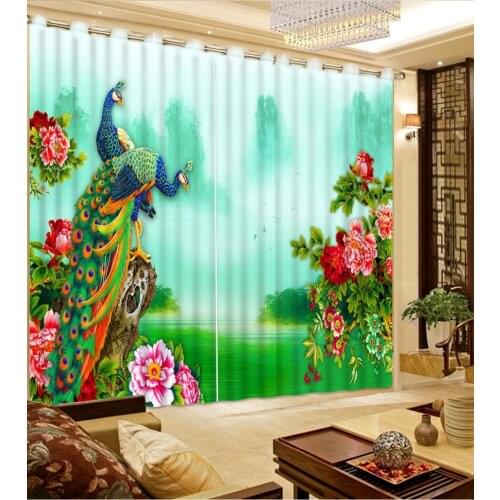 Hot Customized 3D curtains green peacock scenery window curtains for living room Fashion Catoon Modern 3d curtains