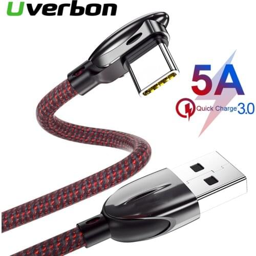 5A Type C USB Cable 90 Degree USB C Fast Charging Cable For Samsung S8 S9 Huawei P30 90 Angle Bend Game Charger For Oneplus 6T