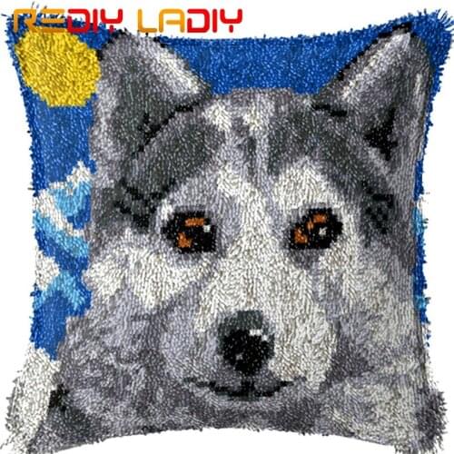 DIY Latch Hook Cushion Moon Wolf Pre-Printed Canvas Cushion Cover Acrylic Yarn Crochet Pillow Case Set Hobby & Crafts Home Decor
