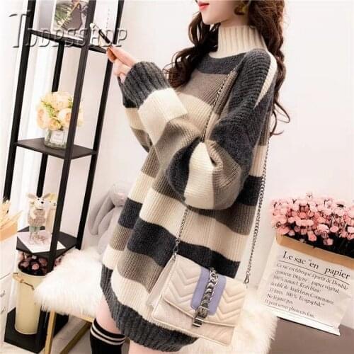2019 Thick Stand Collar Women Sweater Pullover Stripe Loose Winter Bottoming Female Sweaters