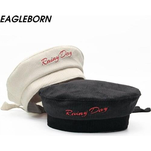 Women French Hat Winter Beret Femme Girls Hat Rasta Navy Letter Corduroy Women Hat Embroidery Beret Vintage Moda Winter Bow Cap