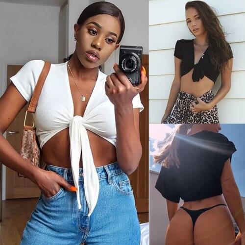 Women Deep V Knot Tie Front Shirt Short Sleeve Tops corset Bow Vest Clubwear Korean clothing sexy corset women Backless