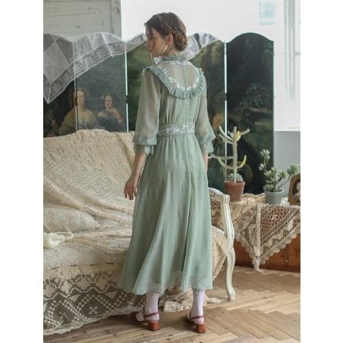Spring 2020 Women Vintage Elegant Slim Lady Mori Girl Fresh Sweet Embroidery Green Long Casual Everyday Dress