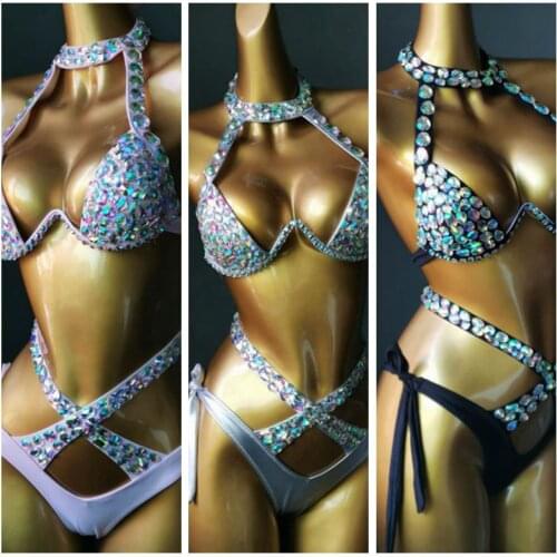 4 Bright Color Bikini Set Women Diamante Carnival Bra Rhinestone Sexy Night Club Panties Festival Wear Burning Man Outfit