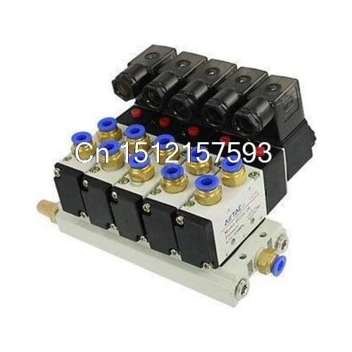 4V210-08 DC 12V Quintuple Solenoid Valve 6mm Connectors Silencers Base Set