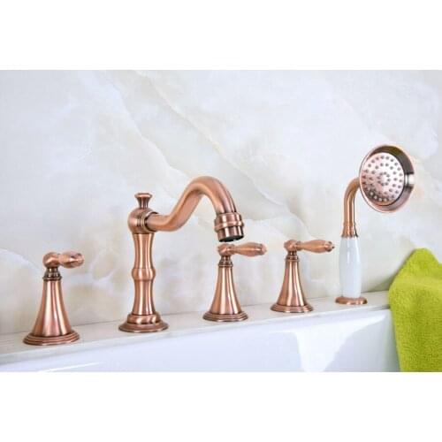 Antique Red Copper Brass Widespread Three Handles Deck Mounted 5 Holes Bathroom Tub Faucet Mixer Tap With Handshower mtf218