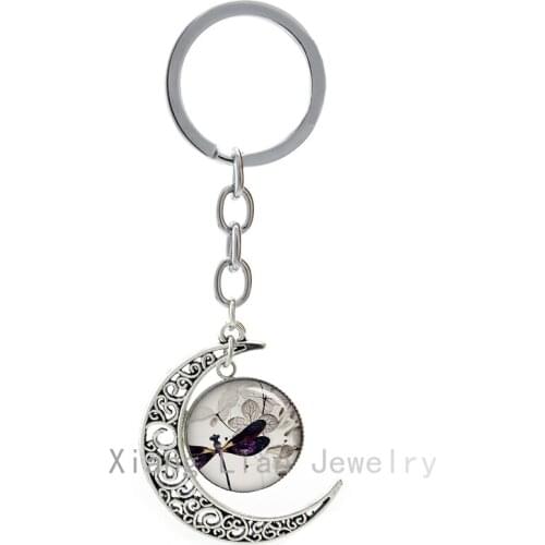 Romant summer style Dragonfly moon keychain elegant charming nature animals insects key chains Valentines Day girl gifts T368