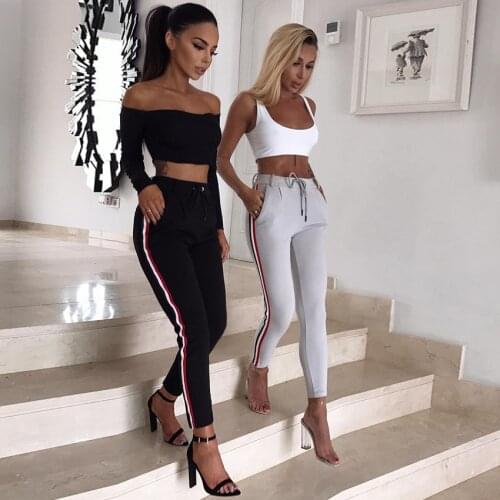 Spring Autumn Pants Women Side Stripe Long Leggings Women High Waist Drawstring Straight Pant Knitted Solid Elastic Trousers