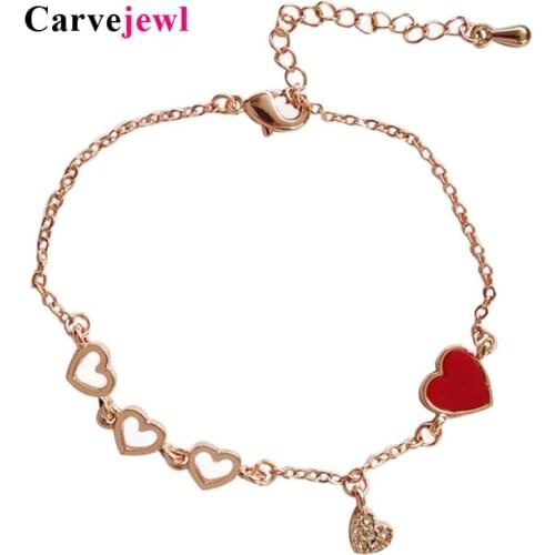 Carvejewl Korean design love heart charm Bracelet for young girl student bangle jewelry red enamel crystal rhinestone bracelets