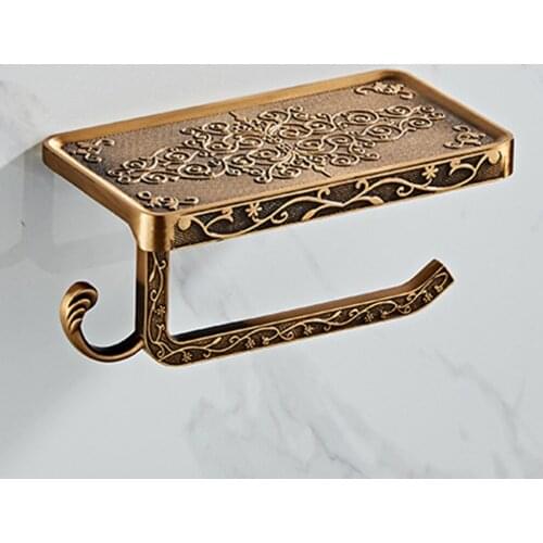 Space Aluminum Toilet Paper Mobile Phone Holder Retro Carved Kitchen Bathroom Paper Roll Rack Wall Mount Punch Paper Towel Shelf