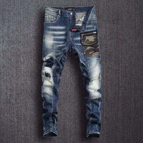 European American Street Fashion Men Jeans Retro Blue Slim Ripped Jeans Men Camouflage Pocket Designer Hip Hop Denim Punk Pants