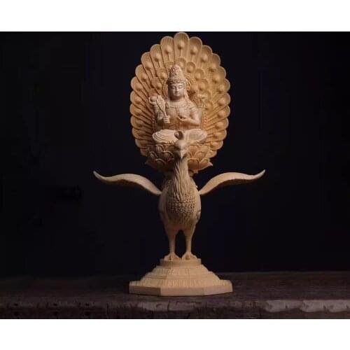 38cm Mahamayuri Figure Cypress Wood Buddha Statue Peacock Maha-mayuri-vidya-rajni Buddha Sculpture Home Decor
