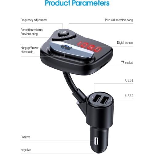 Bluetooth 5.0 FM Transmitter Handsfree In-ear Earphone Car MP3 Player Modulator Dual USB Charger Support TF Card