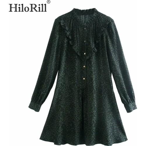 HiloRill Women 2021 Fashion Print Dress Autumn Spring Ruffles Loose Casual Mini Dress Women Long Sleeve A Line Dress Sundress