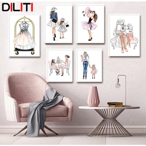 Mother Daughter Baby Dress Canvas Painting Wall Pictures Nordic Paris Fashion Posters and Prints Wall Art for Living Room