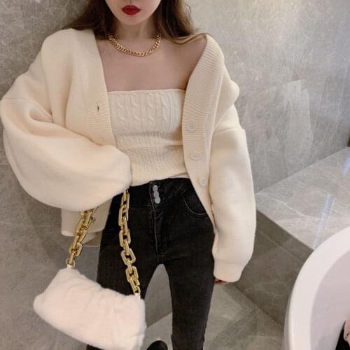 Two Piece Set Women Fashion Loose V-Neck Cropped Cardigan and Knitted Tube Tops Outwear Sweater Sexy Vest Elegant Outfits Spring
