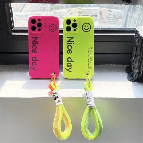 Cool Smiley Pattern Colourful Noctilucent Lanyard Soft Phone Cover Protective Case for Iphone 11 12 Pro 11pro X XR XSmax 7 8Plus