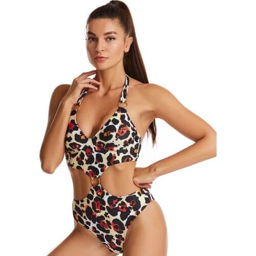 Leopard Printing Bikini Hanging Neck Bikini One Piece Bikini Push Up Bikini Swimsuit Swimwear Beach Swimming Bathing