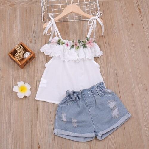 Summer Thin Suit Flower Decoration Sling Top+Denim Shorts 2Pcs Clothing Sets Childrens Clothing Girl Clothing