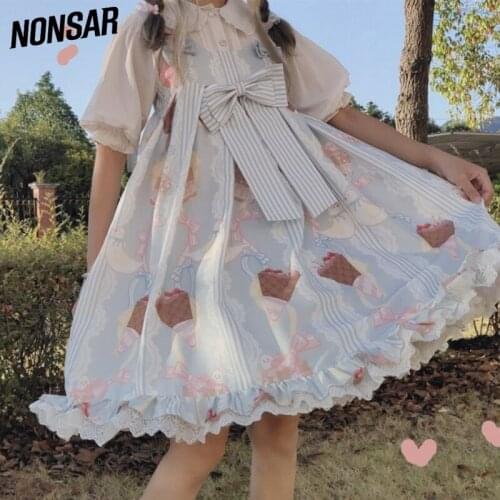NONSAR Sweet Kawaii Jsk Lolita Dress Women Sleeveless Bow Princess Vintage Victorian Gothic Cartoon Party Dresses