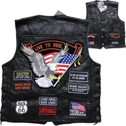 Man Motorcycle Jacket Genuine Leather Motorcycle Vest Punk Retro Style Embroidery Patches Biker Club Casual Vest Clothing