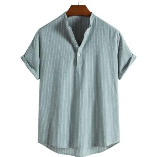54# Mens Shirt Fashion Autumn Summer Shirt Mens Striped Cotton Linen Turn-Down Loose Short Sleeve 2021 Casual Buttons Shirt