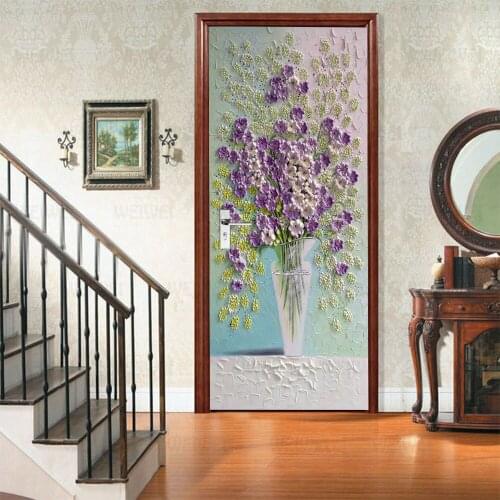 Purple Floral Daisy Wisteria Door Sticker Door Home Decoration Flower Wallpaper Waterproof Renovation Poster