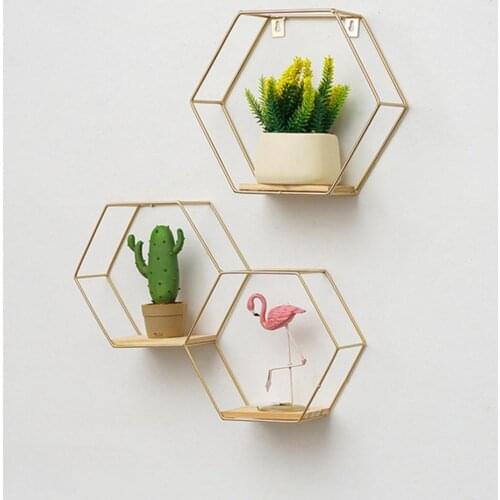 Nordic Style Black/Gold Hexagonal Iron Stand Small Pot Wall Holder Home Shelf Storage Holder Wall Decoration Storage Holder Deco