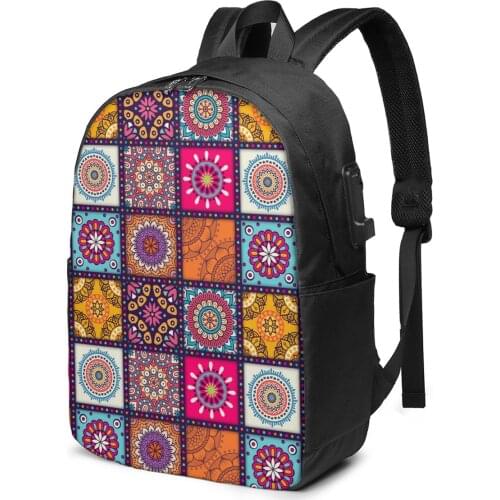 2021 New Laptop USB Backpack Colorful Mandala School Bag Bookbag Men Women Travel Daypack Leisure Backpack