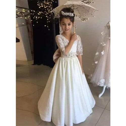 New Flower Girl Dress Lace Appliques Ball Gowns with Beading Sash Wedding Flower Girls First Communion Dresses
