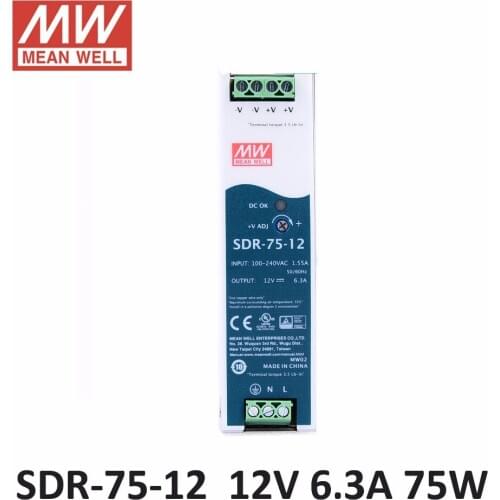 Original MEAN WELL SDR-75 Single Output 75W 12V 24V 48V dc slim size Single output Industrial DIN Rail Meanwell Power Supply
