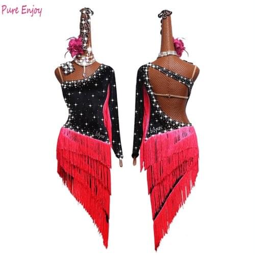 Latin Dance Dress Shiny Rhinestone red Fringed Competition Dresses Salsa Rumba Chacha Samba Stage Show Wear Lady