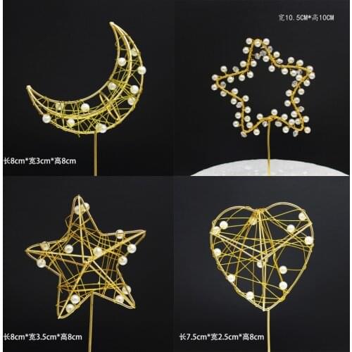 Happy Birthday Iron Heart Star Moon Art Cake Topper Pearl Feather Design Birthday Party Wedding Baking Cake Decor Supplies