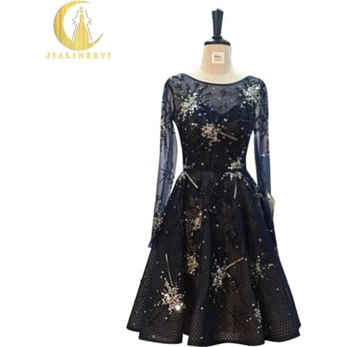 JINLINZEYI Sexy Real Picture Navy Blue Long Sleeves Beads Sequins Knee Length party Dresses Formal Prom Dresses