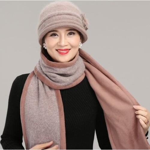 Rabbit Hair Knitted Wool Cap Middle Aged Elderly Warm Plus Velvet Scarf Mothers Birthday Present Elegant Flower Ladies Hat H7173