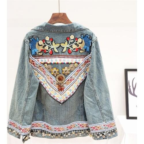 Bohemia Manual Embroidery Tassel Chain Denim Jacket Women Coat Loose Short Jeans Jacket Female Fashion Streetwear Chaqueta Mujer