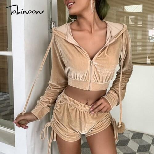 Tobinoone Velet Two Piece Set Long Sleeve Jacket And Shorts Nightclub Sexy 2 Piece Set Women Set Ladies Fashion Outfits 2020