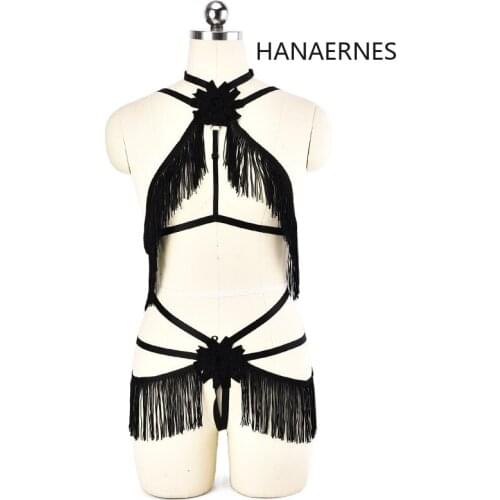 Womens Black Tassel Erotic Lingerie Sexy Bondage Harness Sexy Lingerie Open Harness Bra See Through Adjustable Underwear Set