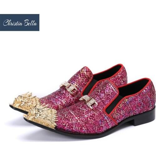 Christia Bella Sparkling Pink Sequins Men Party Dress Shoes Pointed Toe Rhinestone Formal Leather Shoes Wedding Male Shoes