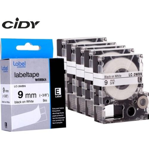 CIDY 5pcs self-adhesive LC-3WBN/SS9KW LC3WBN LC 3WBN laminated Black on White printing compatible label cartridge for Epson