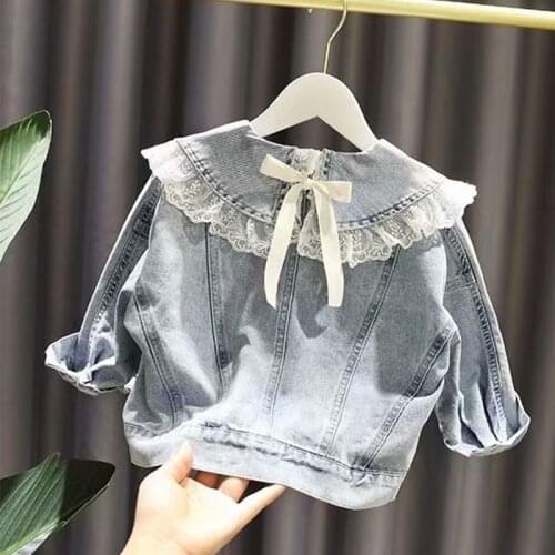 Children Girls Jeans Outerwears Embroidery Jackets Girls Jacket Kids Lace Coat Long Sleeve Button Denim Jackets For Girls 2-7Y