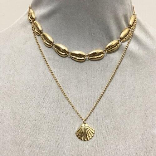 European and American fashion versatile metal texture double choker alloy shell scallop pendant jewelry necklace