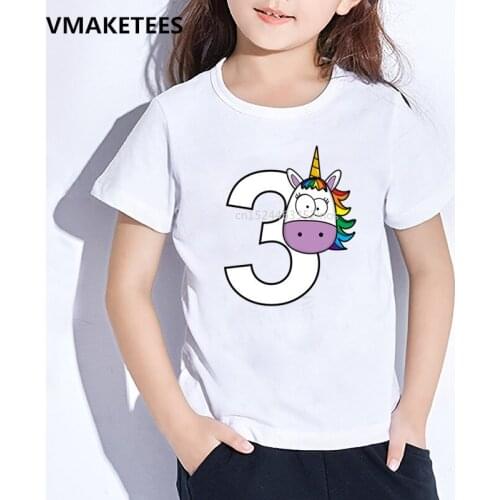 Girls/Boys Cartoon T shirt Kids Happy Birthday Rainbow Unicorn Number 1-9 Print T-shirt Baby Birthday Gift Funny Clothes