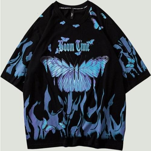 Hip Hop Blue Flame Butterfly Printed Mens T-shirts Summer Cotton Fashion Harajuku Oversized Tee Shirts Streetwear Couples Tops