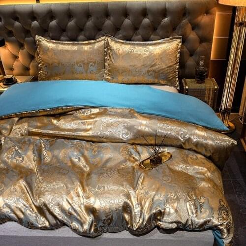 Luxury Bedding Sets Jacquard Soft Satin Silky Duvet Covers Pillowcase Sheet Set With Zipper Seal, Gold Color, Medium Size Bed