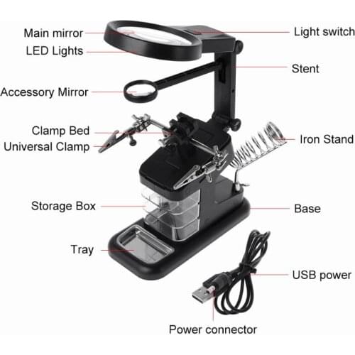 Multifunctional 3X/4.5X/25X Welding Magnifying Glass LED Light Auxiliary Clip Loupe Desktop Magnifier Soldering Iron Repair