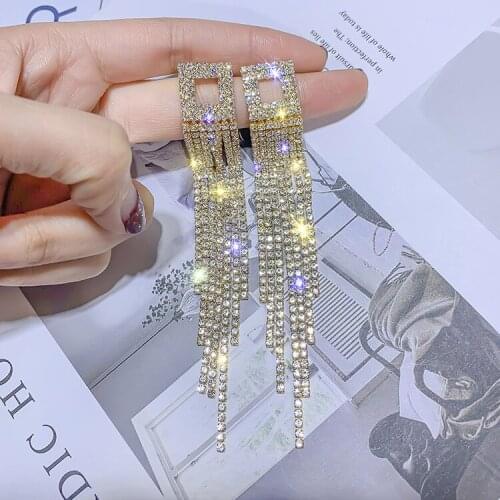 Fashion Jewelry Shiny Full Rhinestone Square Drop Earrings for Women Long Tassel Crystal Dangle Earring Weddings Gifts